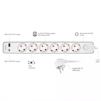 LogiLink pikenduspesa 6 kaitsekontaktiga, USB-A ja USB-C PD 20W, lülitiga, 1,5m, valge
