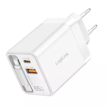 LogiLink USB-A/C laadija 65 W GaN 3 pordiga valge koos USB-C kaabliga