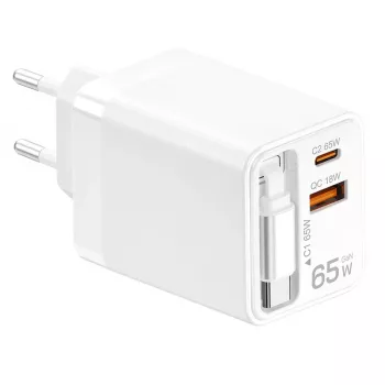 LogiLink USB-A/C laadija 65 W GaN 3 pordiga valge koos USB-C kaabliga