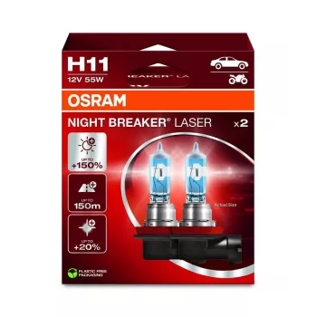 OSRAM NIGHT BREAKER LASER H11 Halogeenlamp Kahekomplekt 12V 55W PGJ19-2, kuni 150% heledam, 150m pikem valgusvihk, 3900K