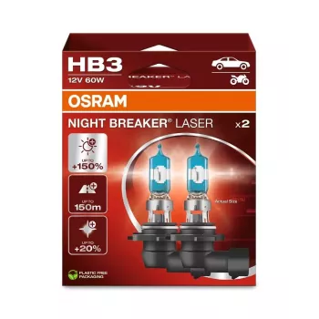 OSRAM Night Breaker Laser HB3 12V 60W P20d halogeenlamp, topeltpakend, kuni 150% heledam, 150m pikem valgusvihk, 20% valgem valgus