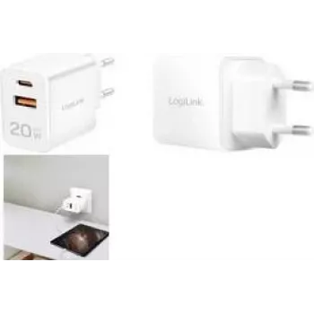 LogiLink PA0369 GaN 20W USB seinadapter, 1x USB-C PD + 1x USB-A QC, valge