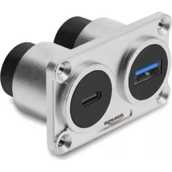 Delock Dual paneelikinnitus USB 3.2 Gen 1 Type-A emane + USB 3.2 Gen 2 Type-C emane 100 W toiteedastusega, hõbedane
