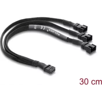 Delock ventilaatori jaoturkaabel 1 x 4-pin PWM emane kuni 2 x 4-pin PWM isane (teine 3-pin ühendatud) punutud varrukaga 30 cm must