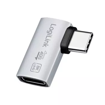 LogiLink USB4 Type-C 90° adapter, C/M kuni C/F, 40 Gbps, 240W, 8K/60Hz, alumiinium, hõbedane