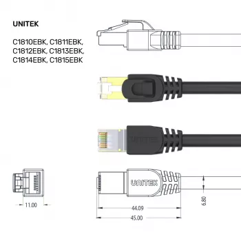 UNITEK Cat.7 S/FTP 2.0m Etherneti patch-kaabel, 10Gbps, 600MHz, kullatud RJ45, must