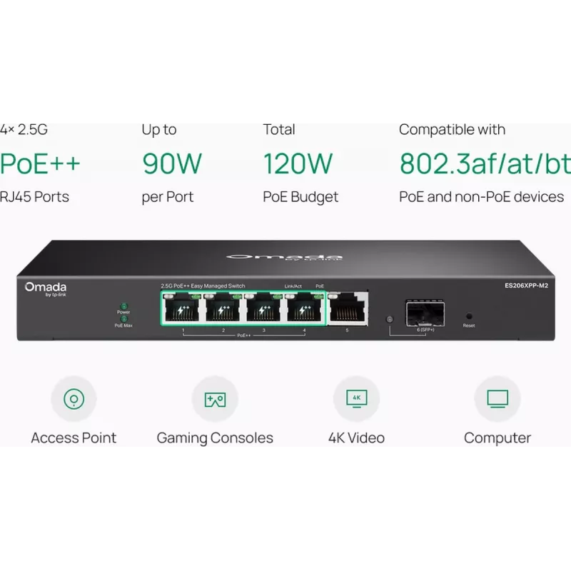 TP-Link Omada Easy Managed 5-pordiline 2.5G PoE++ kommutaator 10G SFP+ üleslingiga (ES206XPP-M2)