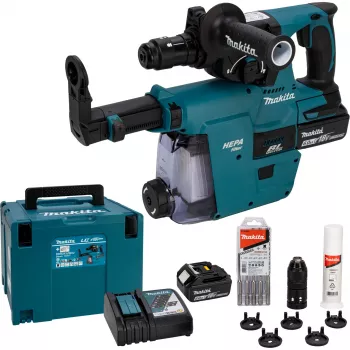 Makita DHR243JWX2 18V Harjata mootoriga SDS-Plus 3-režiimiline juhtmevaba löökpuur-komplekt 2x 5.0Ah akuga, laadija ja Makpaci kohvriga