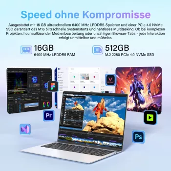 GEEKOM GeekBook M16 16 inch sülearvuti Intel Core Ultra 9 185H 16GB RAM 512GB SSD Windows 11 Pro hõbedane