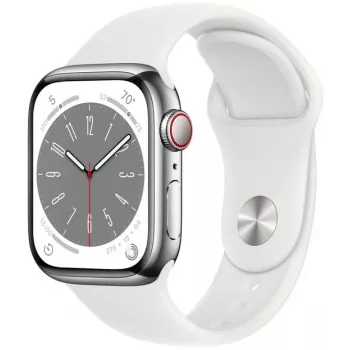 Apple Watch Series 8 GPS + Cellular 41mm roostevabast terasest korpus spordirihmaga, hõbe/valge (MNJ53EL/A)