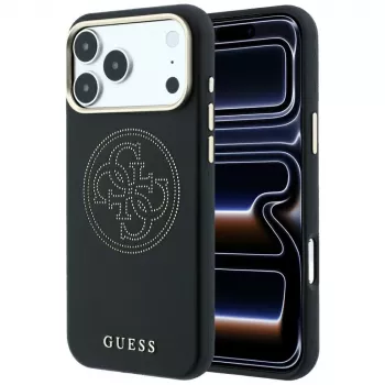 Guess Perforeeritud 4G kuldse logoga MagSafe-kate iPhone 18 Pro / 17 Pro jaoks, must