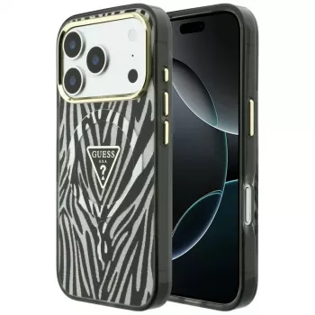 Guess IML Zebra Glitter Triangle Logo MagSafe ümbris iPhone 18 Pro / 17 Pro jaoks - Hõbedane