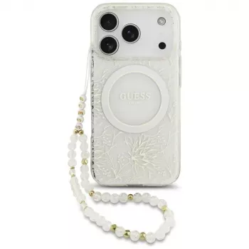 GUESS IML Flowers Allover Electroplated MagSafe ümbris pärlrihmaga iPhone 18 Pro / 17 Pro jaoks - Valge