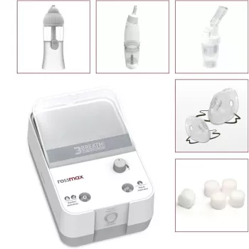 Rossmax NK1000 3-in-1 kolbkompressoriga nebulisaator nina loputuse ja aspireerijaga, 2,5 μm osakeste suurus, >80% peenosakeste annus, 0,35 ml/min nebulisatsioonikiirus, 5 ml ravimikauss, 10 ml nina loputuse maht, <60 dB müra, pidev töö, täiskasvanutele ja