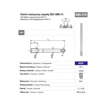 M12 masinakeermetapp DIN 376 C 6H HSSE-Co5 roostevabale terasele