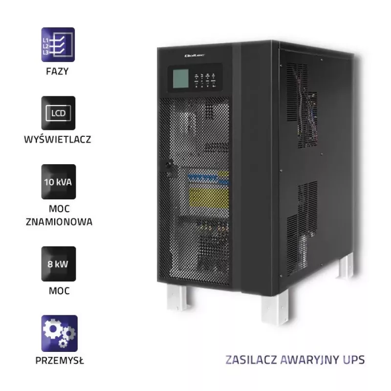 Qoltec 53948 3-faasiline online topeltmuundusega UPS 10kVA 8kW LCD-ekraaniga