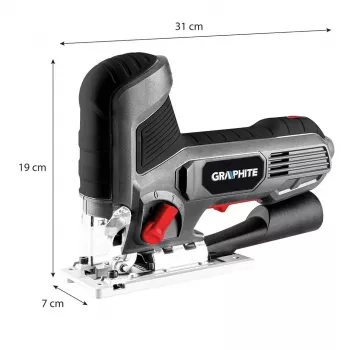 Graphite 58G078 800W muudetava kiirusega pendelsaag laserjuhtimise ja LED-tuliga, 80 mm puidu lõikesügavus, T-saba kiirvahetus, 45° kaldsaagimine, alumiiniumist alus, 3 m kaabel