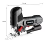 Graphite 58G078 800W muudetava kiirusega pendelsaag laserjuhtimise ja LED-tuliga, 80 mm puidu lõikesügavus, T-saba kiirvahetus, 45° kaldsaagimine, alumiiniumist alus, 3 m kaabel
