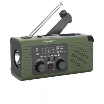 KM0836 Päikeseenergia hädaabiraadio SOS-alarmiga, 5000mAh power bank, LED-taskulamp ja käsitsi veetav dünamo, FM/AM, must