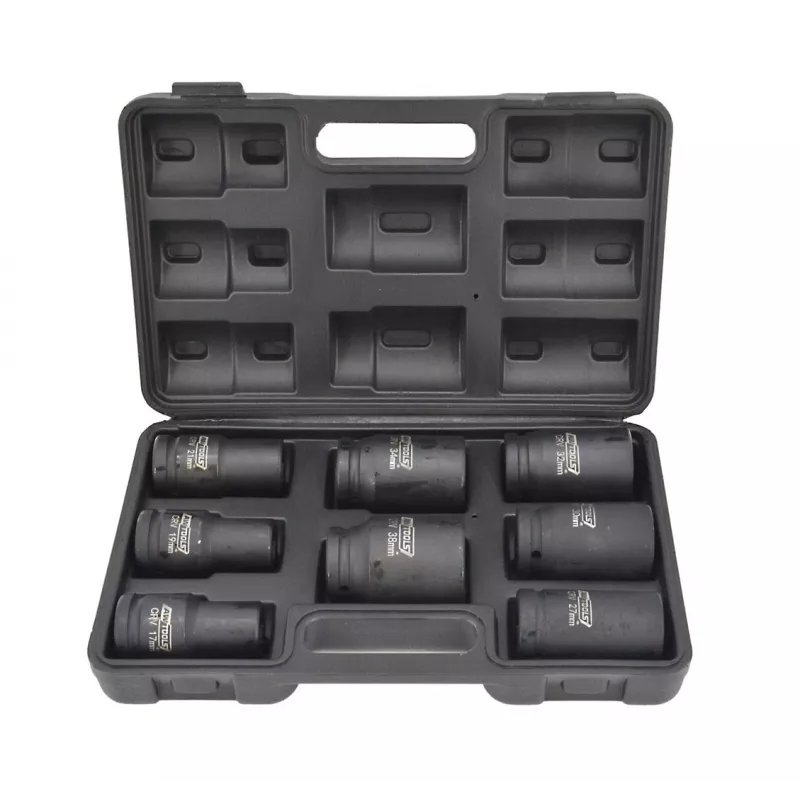 AWTOOLS AW38855 3/4-tolline süvapesa löökriistade pesakomplekt, 8-osaline meetriline, 24-41mm, Cr-Mo, 6-punktiline, pikk, must fosfaat, DIN 3121, puhutud vormiga kohvris