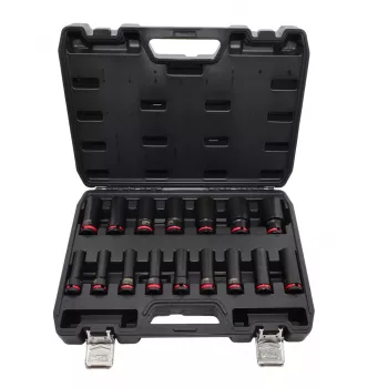 AWTOOLS 16-osaline 1/2-tollise ajamiga pikendatud löökpesade komplekt, 10-32 mm, Cr-Mo, must fosfaat, koos kastiga - Black Line