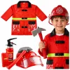 LEAN TOYS 158 Tuletõrjuja kostüümikomplekt kiivri, tulekustuti ja kangiga – punane, üks suurus, vanusele 3-8