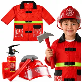 LEAN TOYS 158 Tuletõrjuja kostüümikomplekt kiivri, tulekustuti ja kangiga – punane, üks suurus, vanusele 3-8