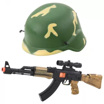 LEAN TOYS Military Set - Mängupüss heliga, kiiver, nuga, granaat, binokkel, käekell, vile, koerasilt ja kummipael lastele 3+