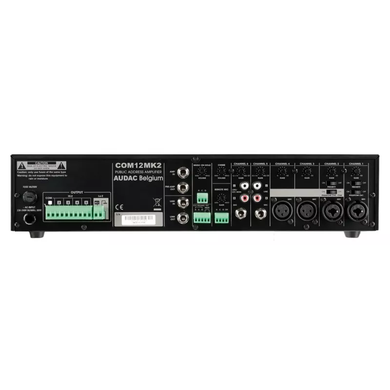 AUDAC COM12MK2 120W PA-mikserivõimendi 100V/70V/4Ω väljunditega, 2 mikrofoni/3 liini sisendit, prioriteedi ja fantoomtoitega, 2U riiulikinnitus, must
