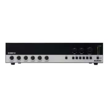 AUDAC COM12MK2 120W PA-mikserivõimendi 100V/70V/4Ω väljunditega, 2 mikrofoni/3 liini sisendit, prioriteedi ja fantoomtoitega, 2U riiulikinnitus, must