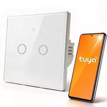 Qoltec 2-kanaliline puutetundlik nutikas lüliti Wi-Fi Tuya Smart Life karastatud klaasiga valge