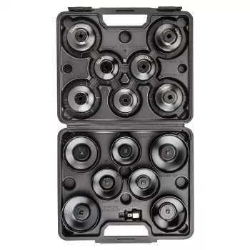 NEO TOOLS Õlifiltri pesavõtmete komplekt 16-osaline (65-100 mm, 3/8 tolli ajam, tass-tüüpi, mitme soonikuga, teras, puhutud vormiga karp)