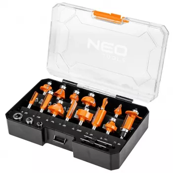 NEO TOOLS 15-osaline volframkarbiidist freesiterade komplekt 8 mm varrega puidust karbis