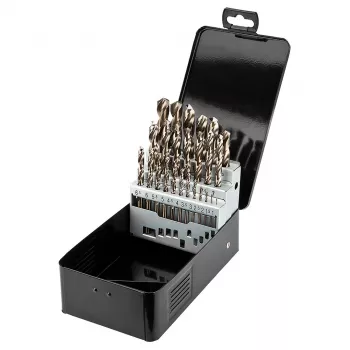 NEO TOOLS 25-osaline HSS-Co koobaltmetallpuurikomplekt, 1,0–13,0 mm, täistera lihvitud, 135° hargnev ots, DIN 338, metallkarp