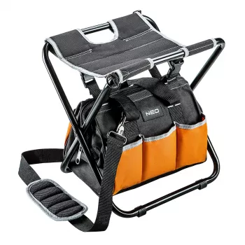 NEO TOOLS Kokkupandav töötaburet koos eemaldatava 12-taskulise tööriistakotiga, 100 kg kandevõime, must/oranž