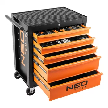 NEO TOOLS Töökoja kapp, 5 sahtlit + 117 tööriista, kuullaagritega liugurid, keskne lukk, 400 kg staatiline koormus, must