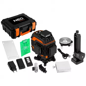 NEO TOOLS 75-140 3D lasertase, 12 rohelist joont, 3 x 360°, laetav, koos hoiukohvriga, sihtmärkplaadiga, magnetilise hoidikuga ja laadijaga