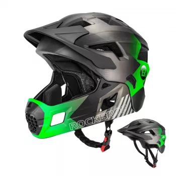 Rockbros TS-61 laste muudetav täisnäo jalgrattakiiver eemaldatava lõuakaitsega, roheline, suurus S (48-54 cm)