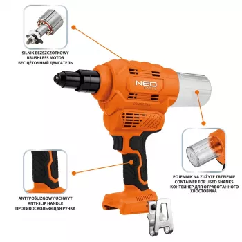 NEO TOOLS 18V E+ juhtmevaba needipüstol (ainult korpus)
