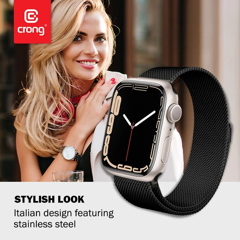Crong Milano Steel - Roostevabast terasest rihm Apple Watch 44/45/46/49 mm jaoks (must)