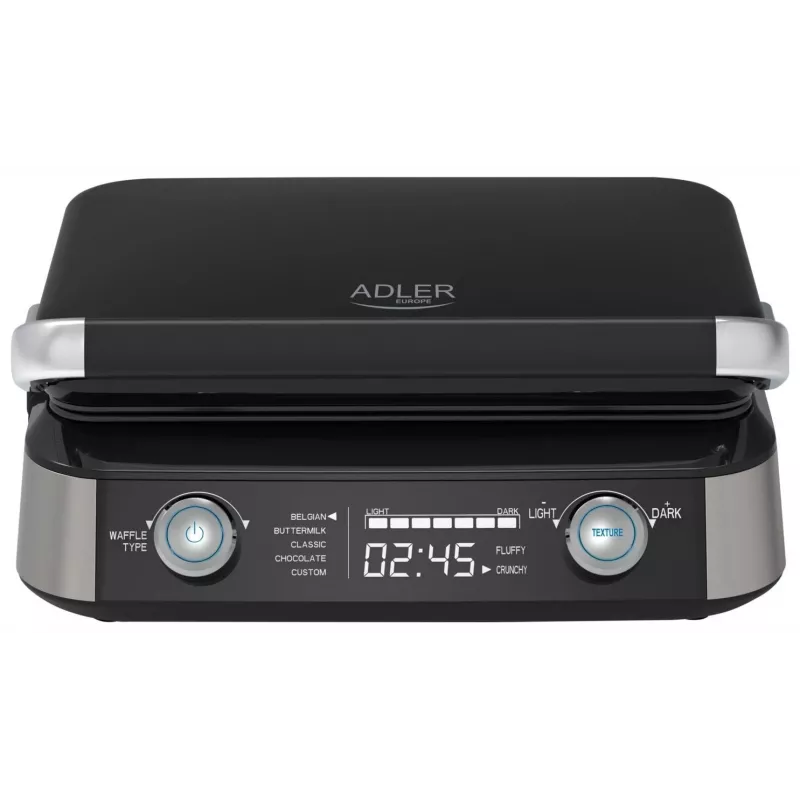 Adler AD 3084 vahvliküpsetaja LED-ekraaniga, 5 programmi, 7 pruunistusastet, 1600 W (max 2400 W), mittenakkuvad plaadid, must / hõbedane