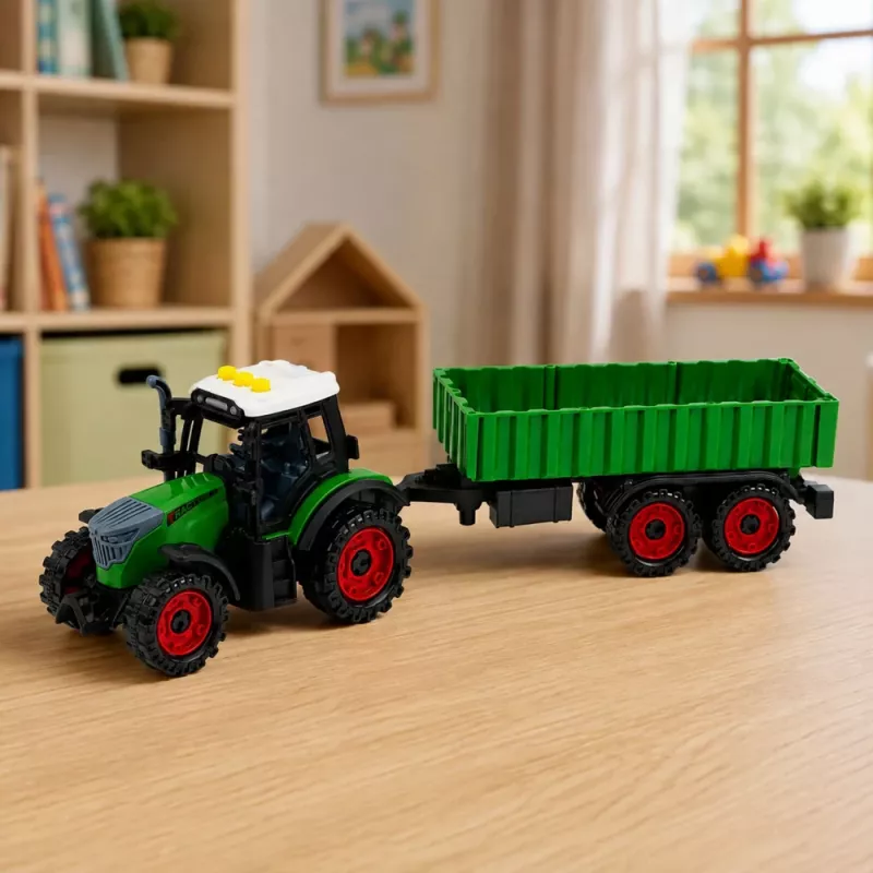LEAN TOYS Farm Tractor koos põllumajandusliku haagisega, hõõrdajamiga, tulede ja helidega, 35cm