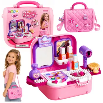 LEAN TOYS Kaasaskantav 2-in-1 ilukomplekt kohvriga, peegli, kosmeetika ja tarvikutega, roosa