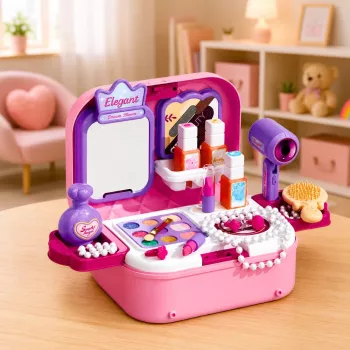 LEAN TOYS Kaasaskantav 2-in-1 ilukomplekt kohvriga, peegli, kosmeetika ja tarvikutega, roosa