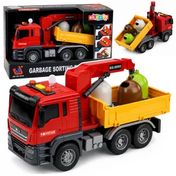 LEAN TOYS Prügiauto kraanaga prügisorteerimiskonteineritega, tulede ja heliga, punane
