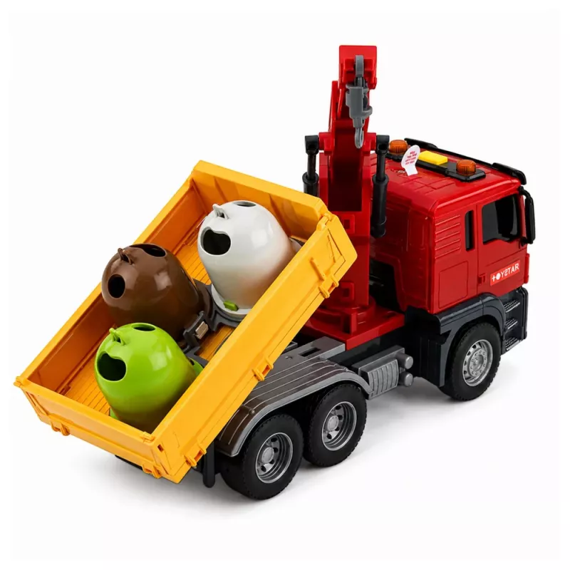 LEAN TOYS Prügiauto kraanaga prügisorteerimiskonteineritega, tulede ja heliga, punane