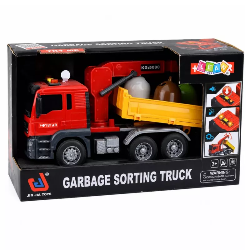 LEAN TOYS Prügiauto kraanaga prügisorteerimiskonteineritega, tulede ja heliga, punane