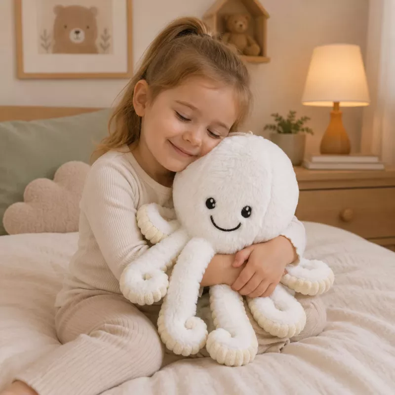 LEAN TOYS Plüššist kaheksajalg elastsete kombitsatega, valge, 50 cm