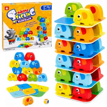 LEAN TOYS Elephant Tower osavusmäng tasakaalustavad elevandid värviliste kaartidega 46 tk