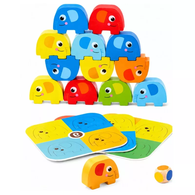 LEAN TOYS Elephant Tower osavusmäng tasakaalustavad elevandid värviliste kaartidega 46 tk